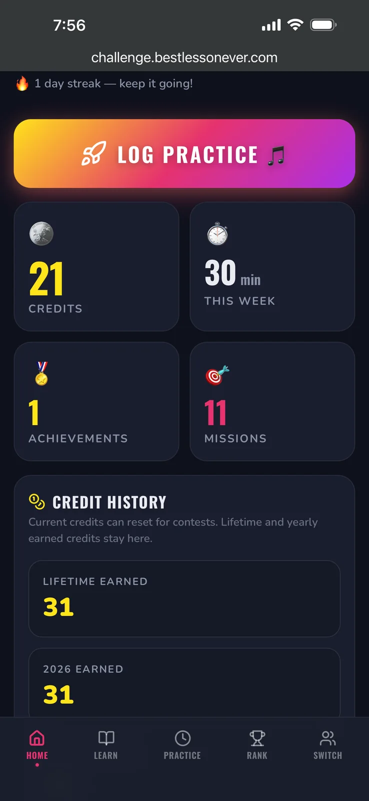 Practice Challenge dashboard showing credits, practice time, achievements, and missions