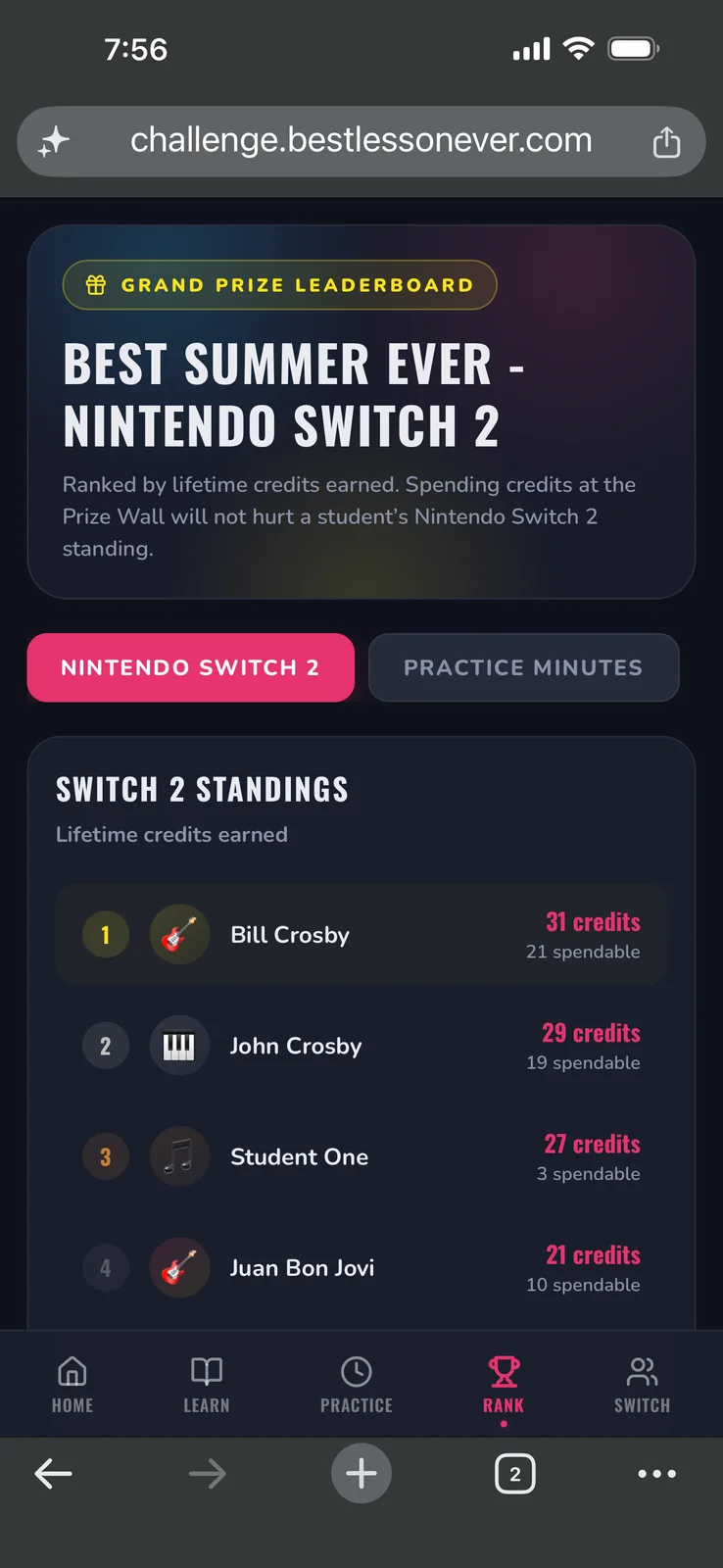 Practice Challenge Nintendo Switch 2 leaderboard standings